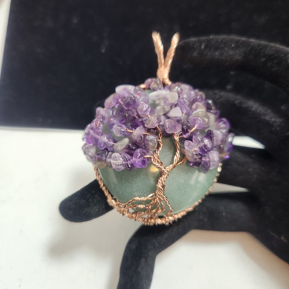 Tree of Life Wire Wrapped Pendant Amethyst Chips Green Aventurine Copper Tone